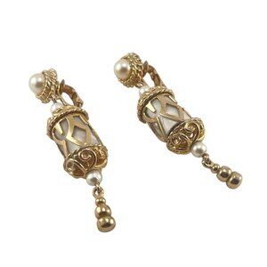 Emmons Magic Lantern Rare Gold Tone 1960s Pearl Drop Earrings With Filigree Desi